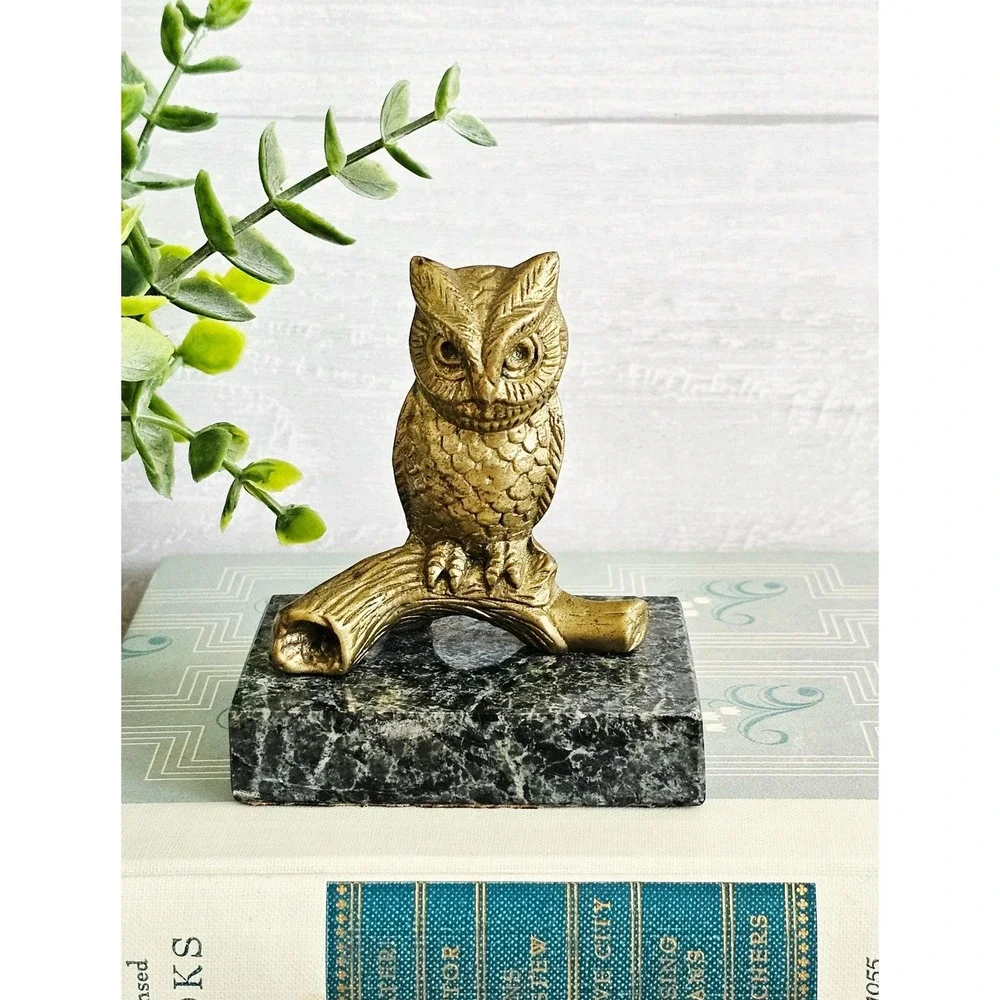Vintage Solid Brass Owl on Branch on Black & Green Marble Base Paperweight
